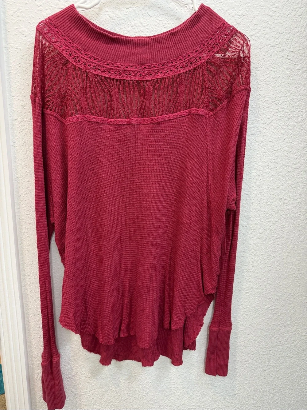 Free People Lace Yoke Waffle Knit Long Sleeve Top in Raspberry
